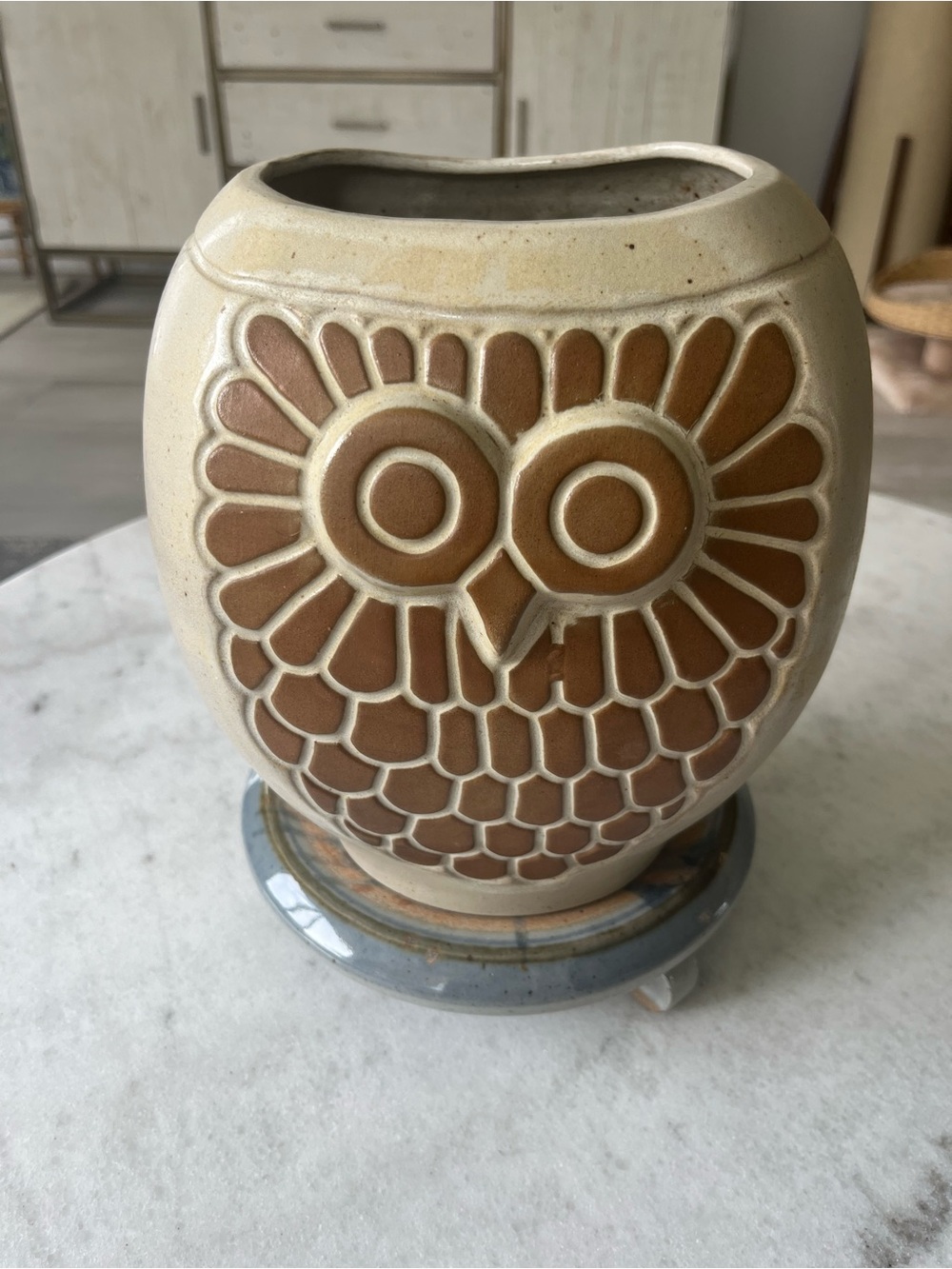 Vintage Studio Pottery Owl Planter Vase MCM Retro Ceramic Brown Cream glazed